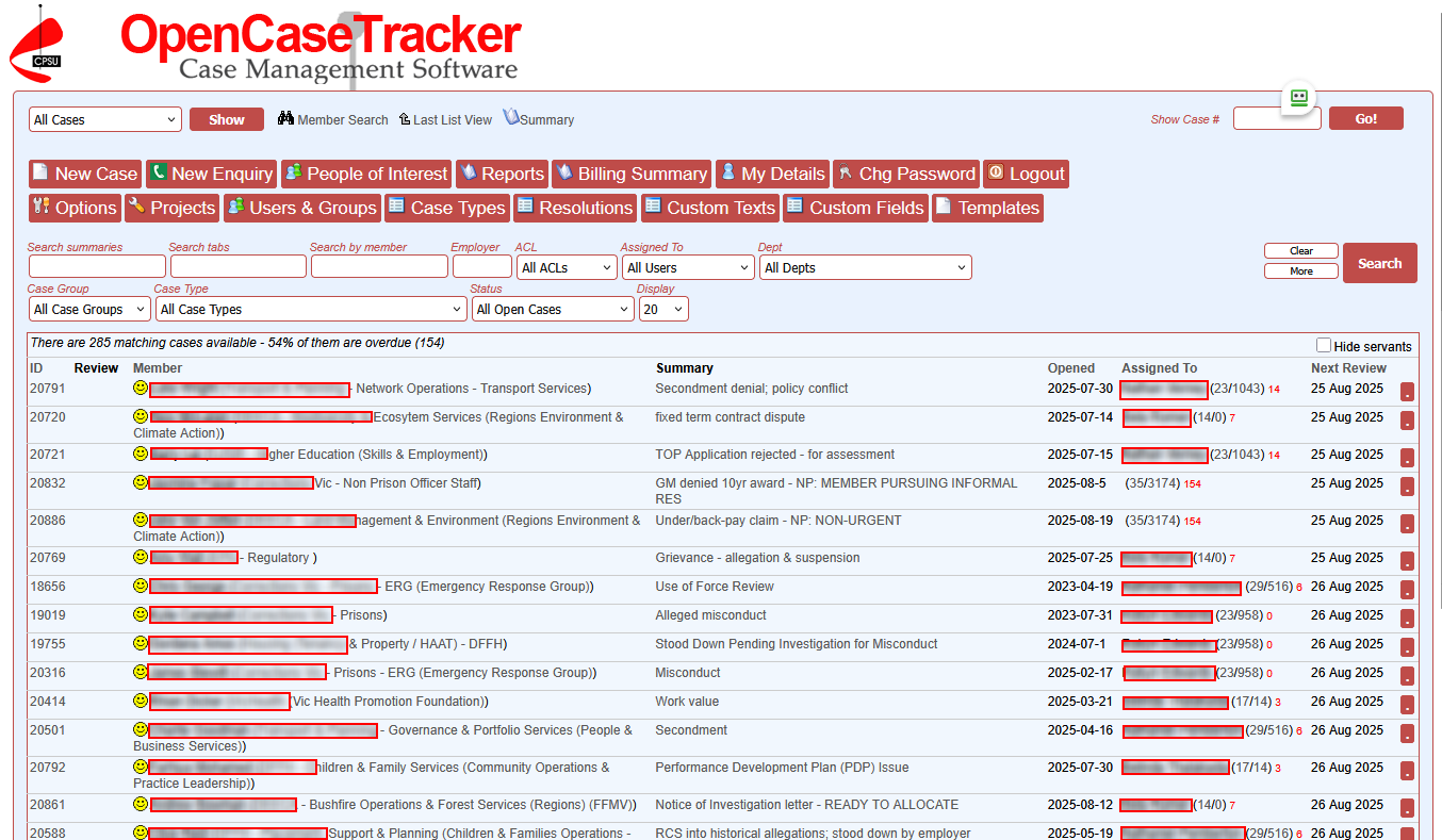 OpenCaseTracker interface